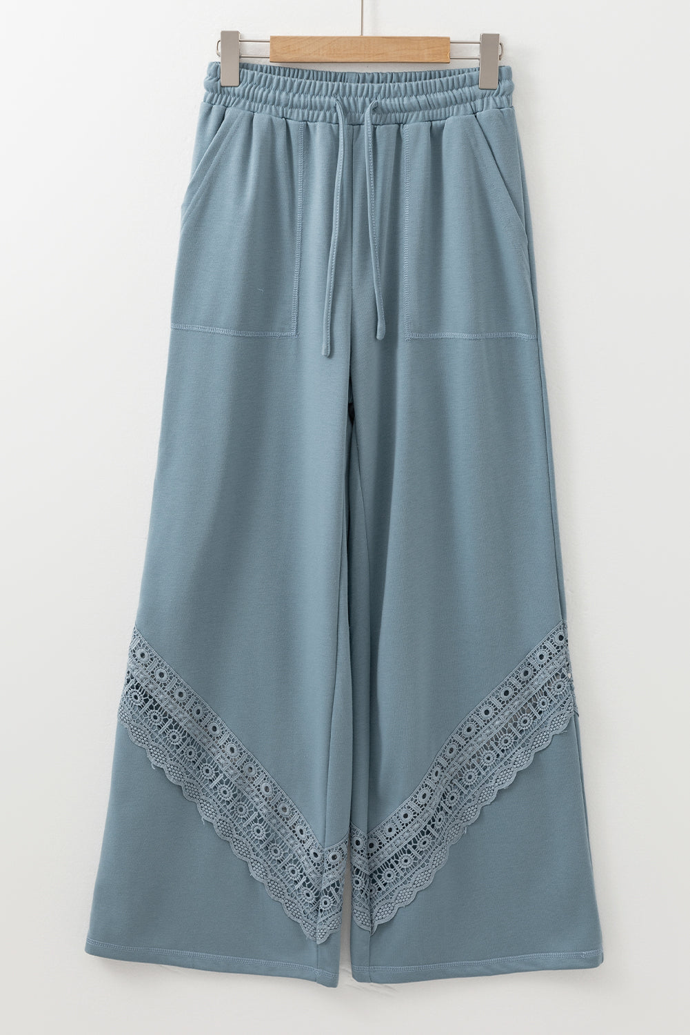 Lace Crochet Patched Lace-Up High Waist Wide Leg Pants | Dusk Blue