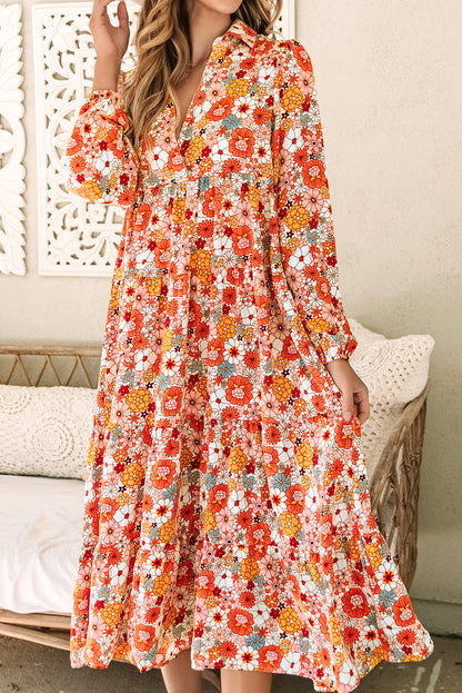 Boho Floral Collared Long Sleeve Ruffled Dress | Multicolour