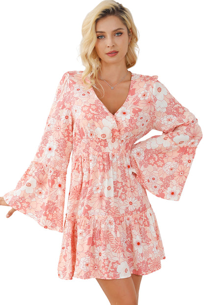 Floral Smocked High Waist Bell Sleeve Mini Dress | Apricot Powder