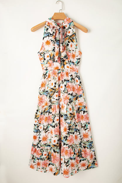 Boho Floral Print Knotted Halter Ruffled Maxi Dress | Black