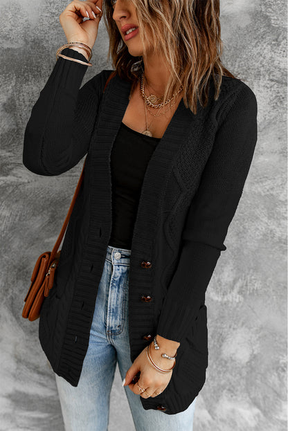 Front Pocket And Buttons Closure Cardigan | Black