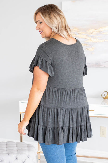 Tiered Ruffled Short Sleeve Plus Size Blouse | Gray