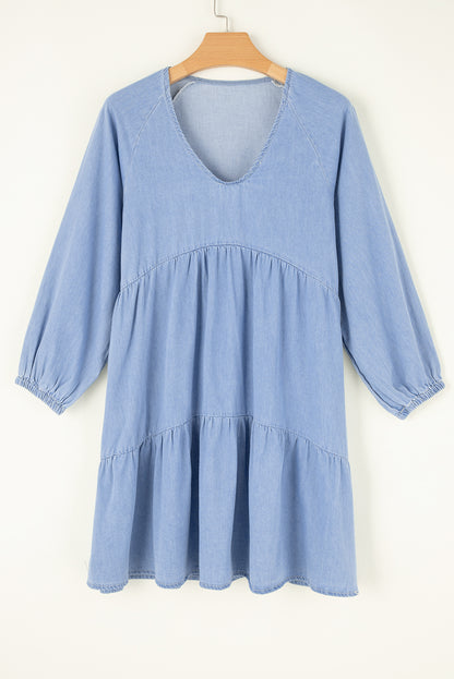 Puff Sleeve V Neck Tiered Ruffled Chambray Mini Dress | Beau Blue