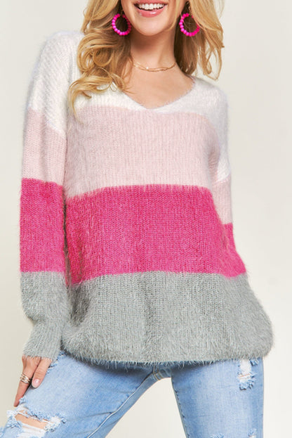 Striped Colour Block Fuzzy V Neck Sweater | Stripes