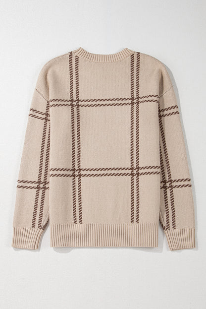 Plaid Pattern Knitted Drop Shoulder Sweater | Khaki