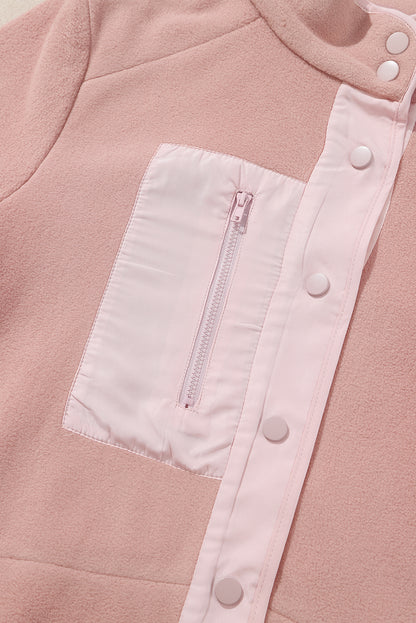 Pink Sherpa Contrast Trim Zipped Pocket Jacket | Apricot Powder