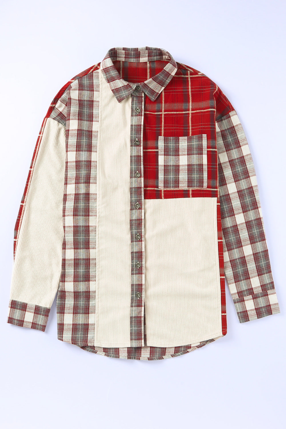 Plaid Corduroy Patchwork Shacket | Red