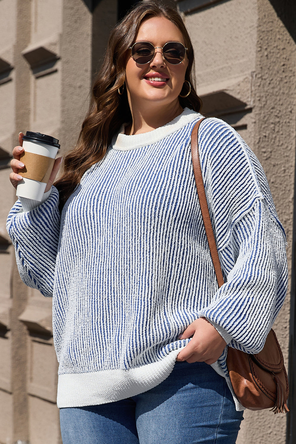 Striped Textured Knit Contrast Edge Loose Sweater | Dark Blue