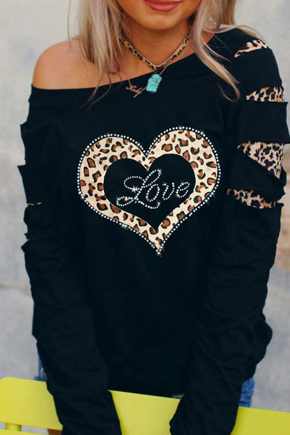 Leopard Rhinestone Heart Graphic Slash Sleeve Sweatshirt | Black