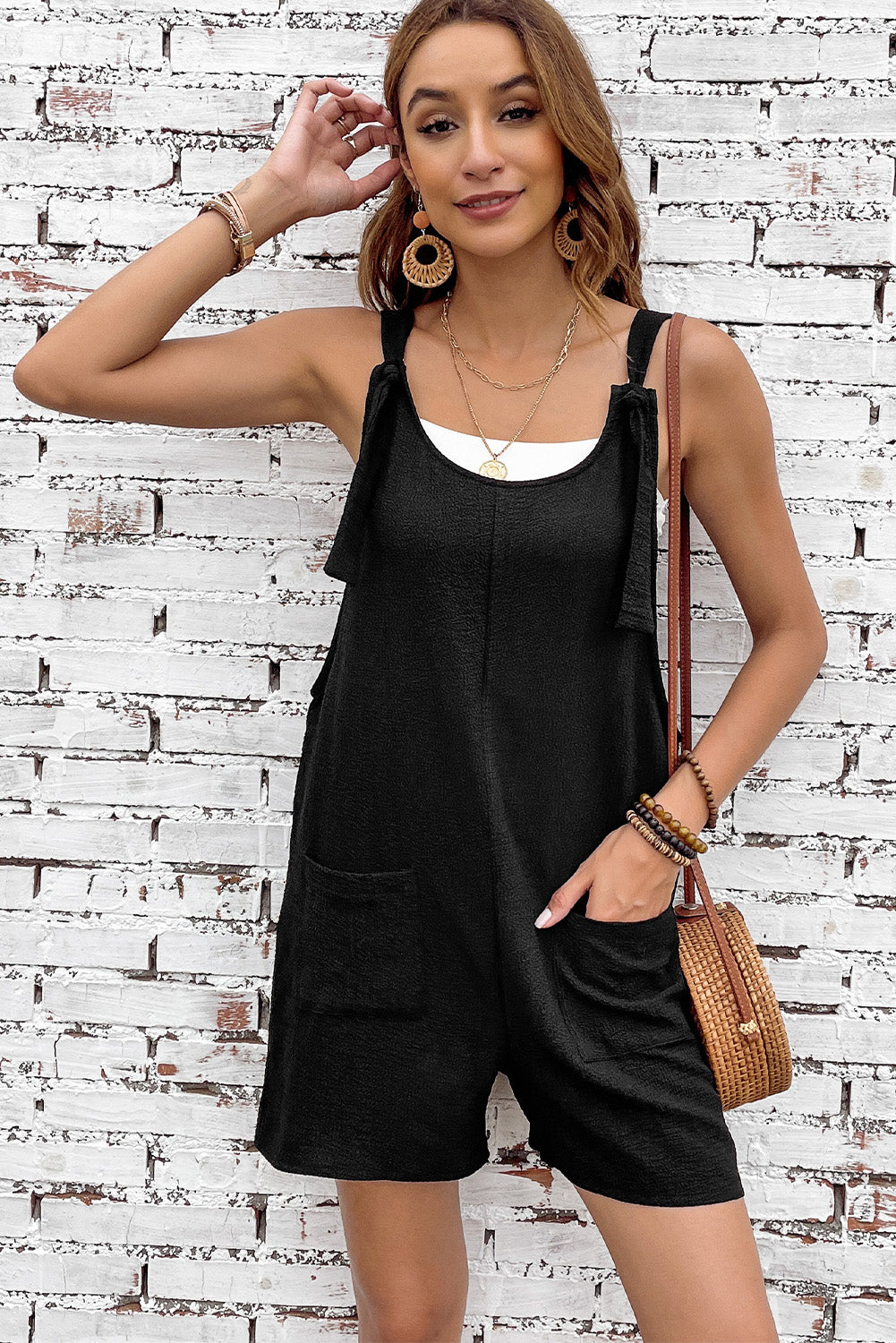 Adjustable Straps Pocketed Textured Romper | Black