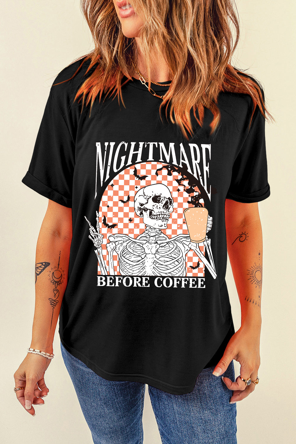 Nightmare Before Coffee Skull Checkerboard Graphic Halloween Tee | Black