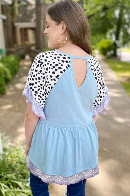 Leopard Ruffled Patchwork Sleeve V Neck Blouse | Iceland Blue