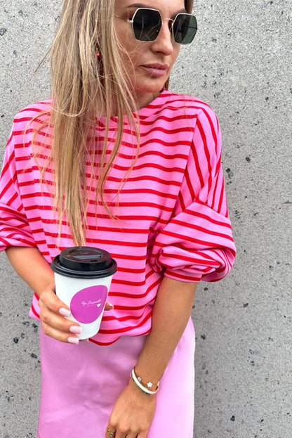 Striped Print Crew Neck Drop Shoulder Sweatshirt | Sachet Pink