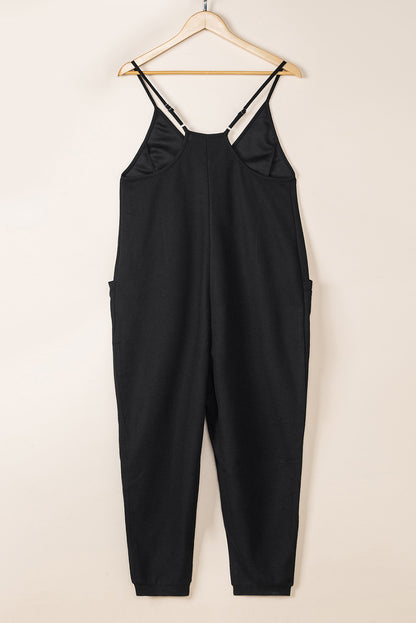 Textured Sleeveless V-Neck Pocketed Casual Jumpsuit | Black