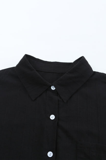 Textured Buttoned Pocket Long Sleeve Shirt | Black