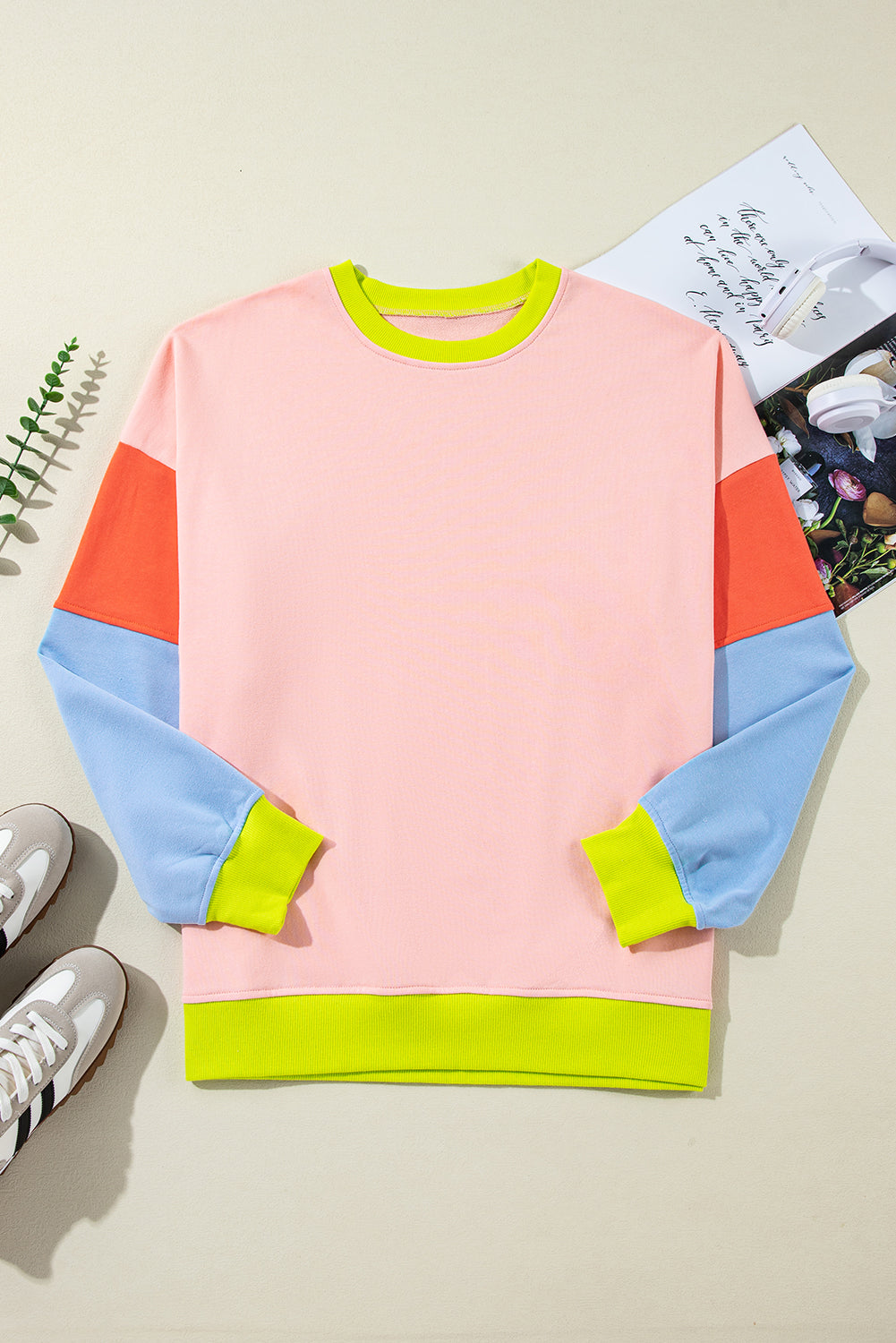 Plus Size Colourblock Patchwork Crew Neck Sweatshirt | Light Pink