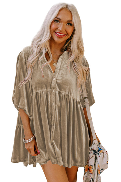 3/4 Sleeve Tunic Babydoll Velvet Shirt | Pale Khaki