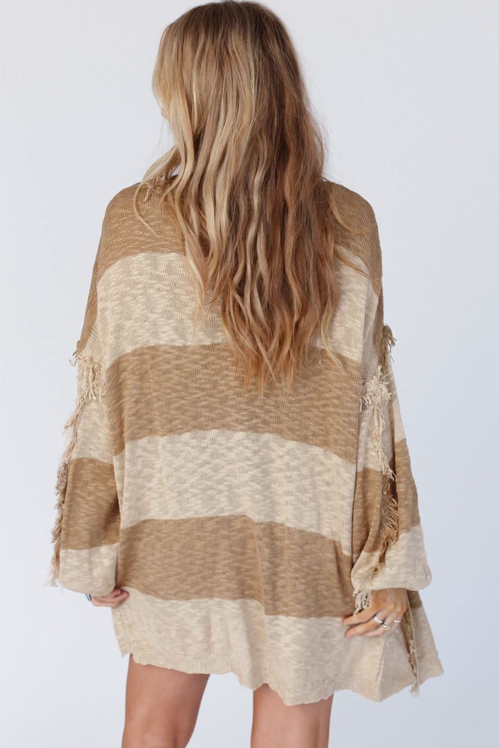 Lantern Sleeve Fringed Open Cardigan | Khaki Stripe