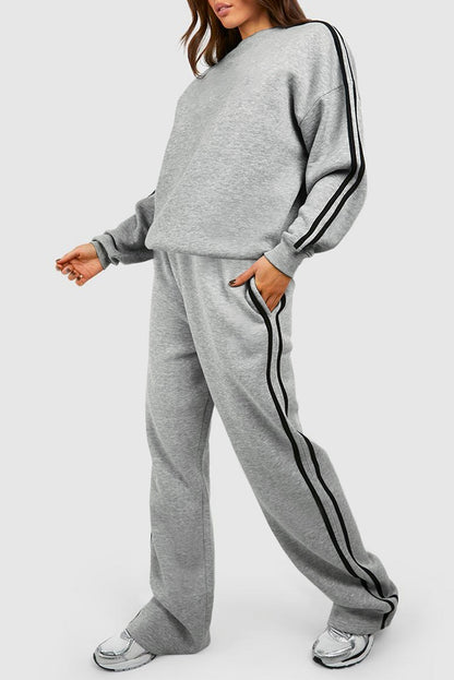 Solid Colour Side Striped Sweatshirt Active Set | Light Grey