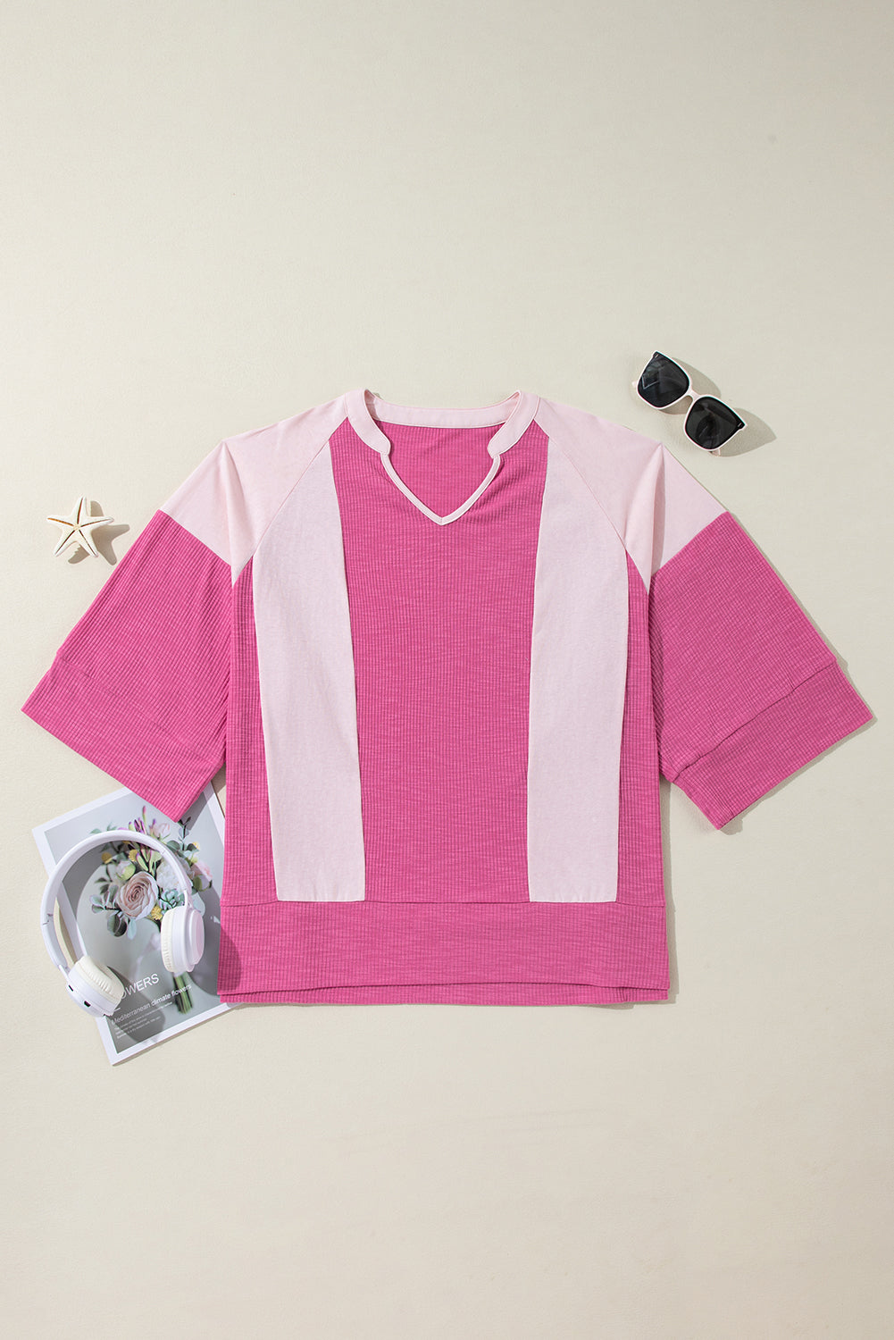 Textured Colourblock 3/4 Sleeve Oversize Top | Bright Pink