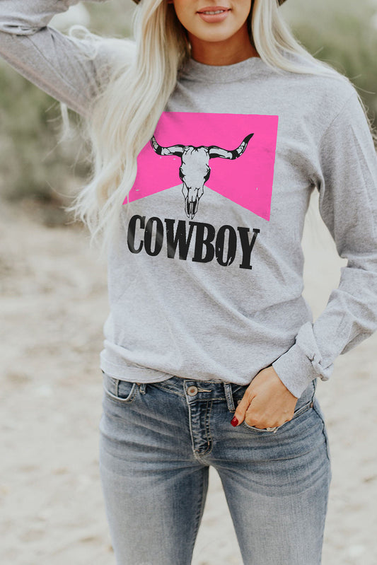 Gray COWBOY Steer Skull Graphic Long Sleeve Top