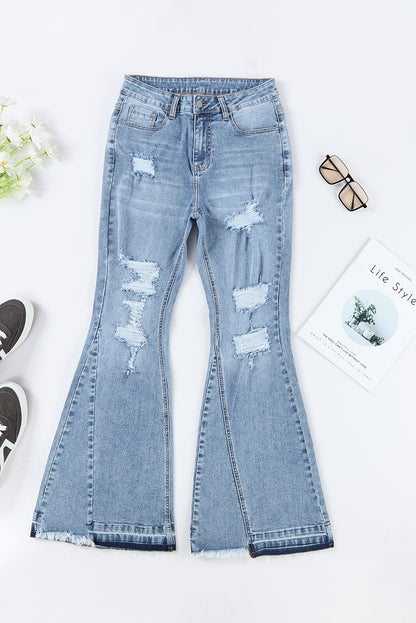 Light Wash Distressed High Rise Flare Jeans | Sky Blue