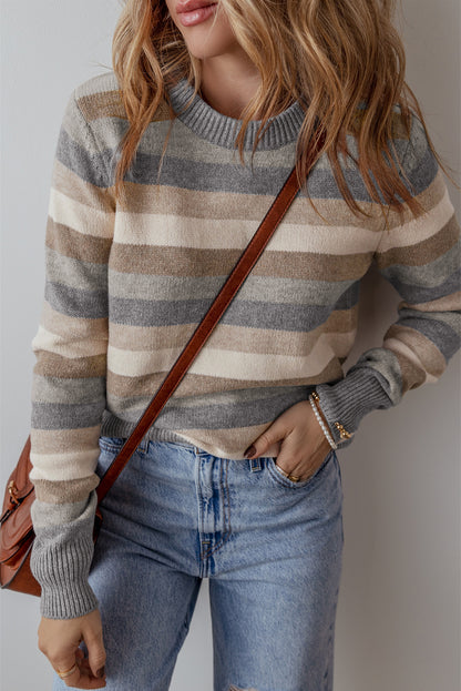 Colour Block Ribbed Edge Round Neck Sweater | Gray Stripe