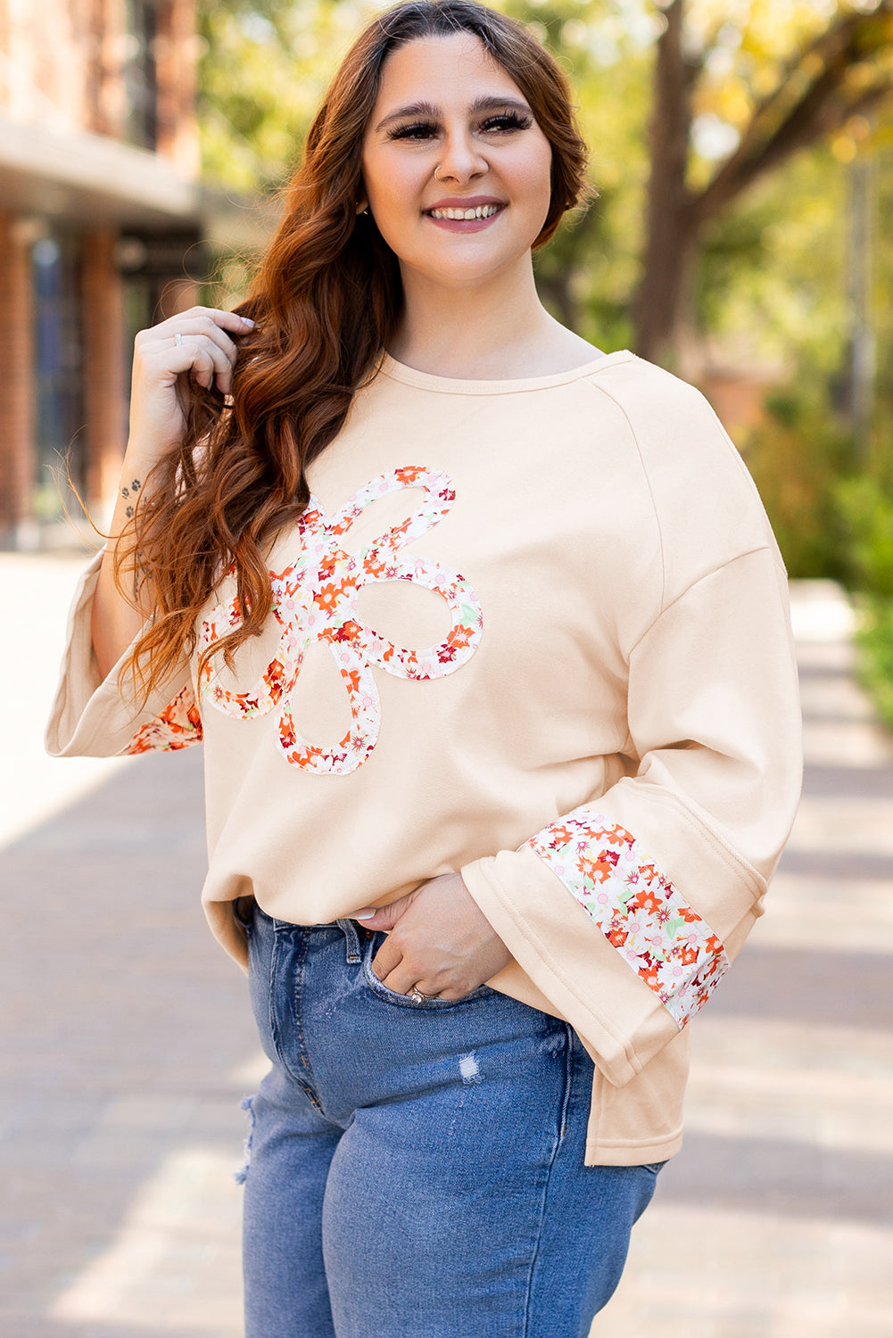 Plus Size Flower Patched Side Slits Crewneck Top | Beige