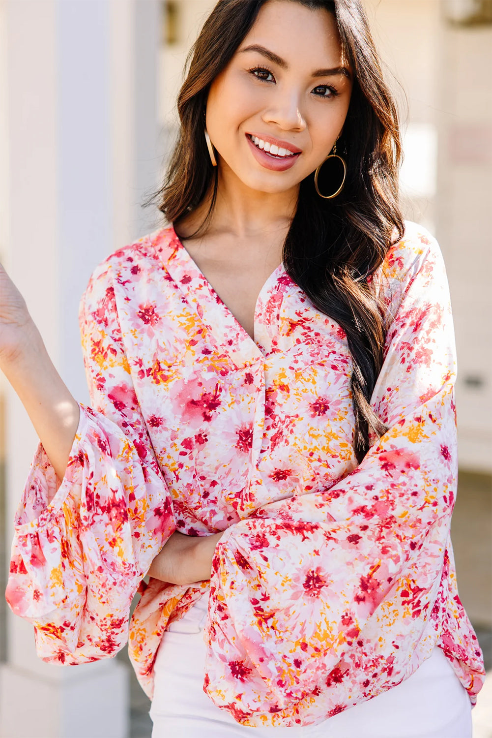 Ditsy Floral Bubble Sleeve V Neck Blouse | Pink