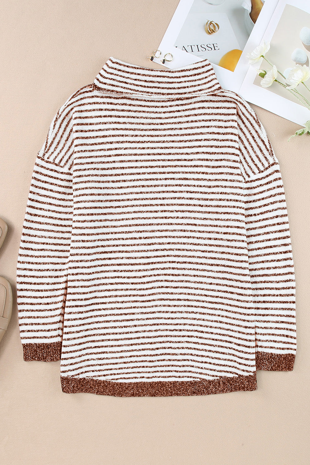 Striped Turtleneck Loose Sweater | Brown