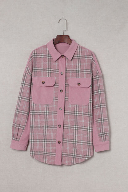 Corduroy Plaid Pattern Shacket | Pink