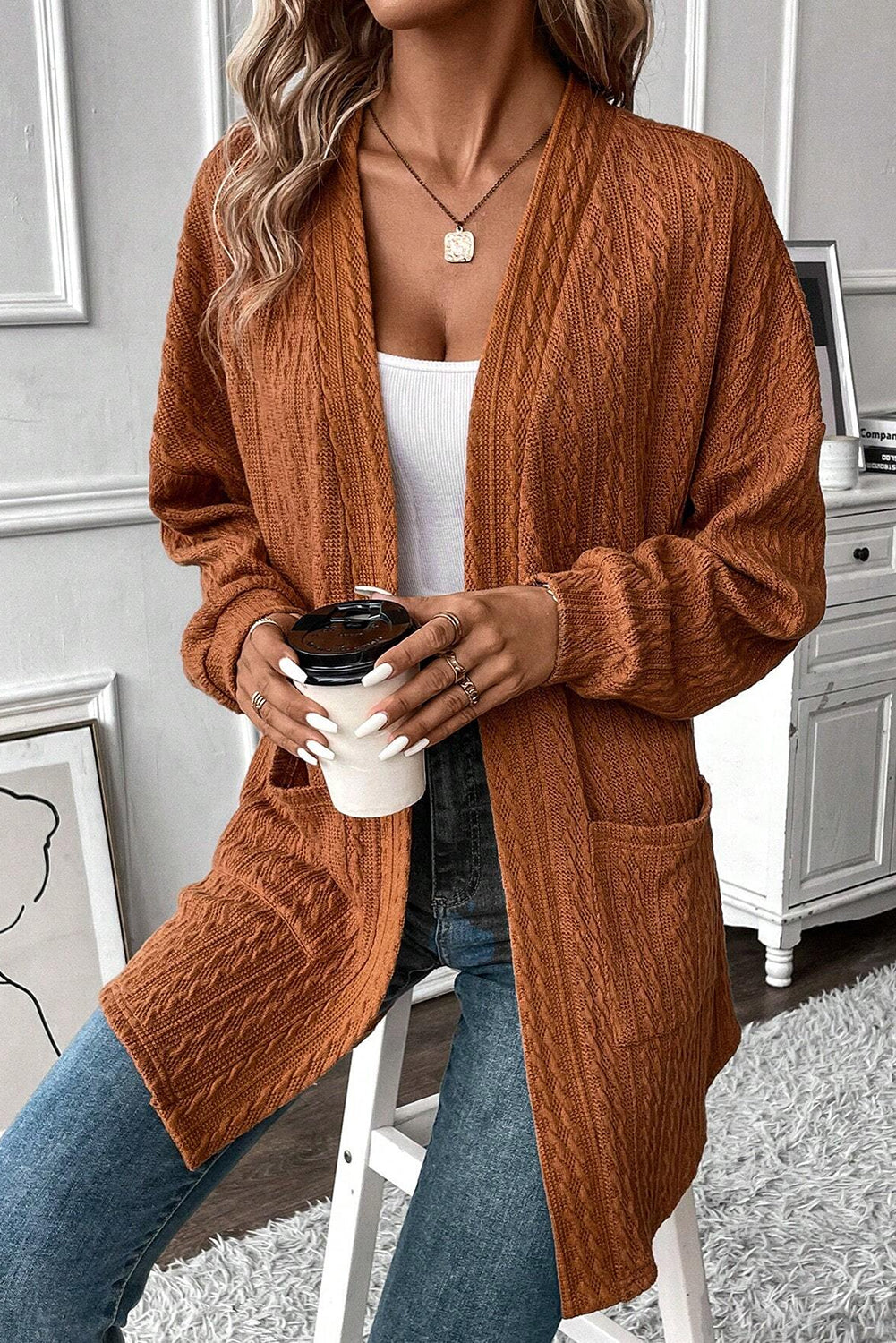 Textured Knit Side Pockets Open Front Cardigan | Chestnut