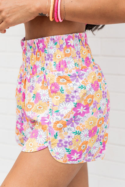 Boho Floral Shirred High Waist Casual Shorts | Pink