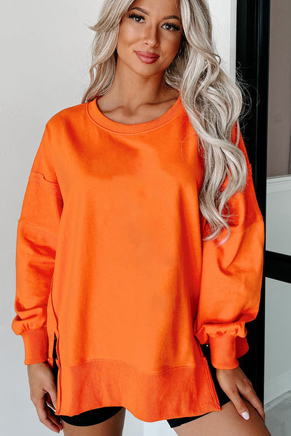 Exposed Seam Drop Shoulder Round Neck Sweatshirt With Slits | Carrot