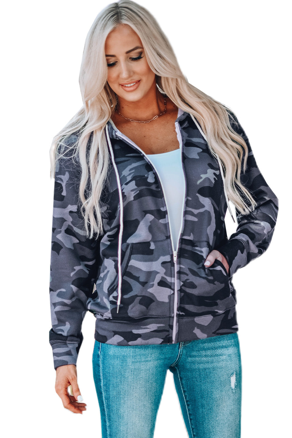 Camo Print Zip-Up Hooded Coat With Pockets | Black