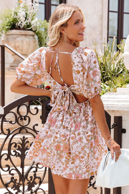 Floral Print Bow Knot Backless Square Neck Mini Dress | White