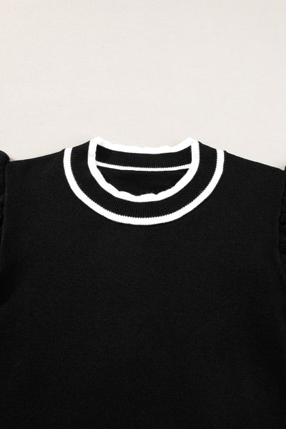 Edge Piping Ruffled Sleeve Round Neck Knit T Shirt | Black