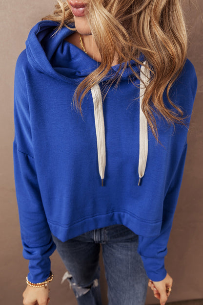 Solid Drop Shoulder Drawstring Cropped Hoodie | Dark Blue