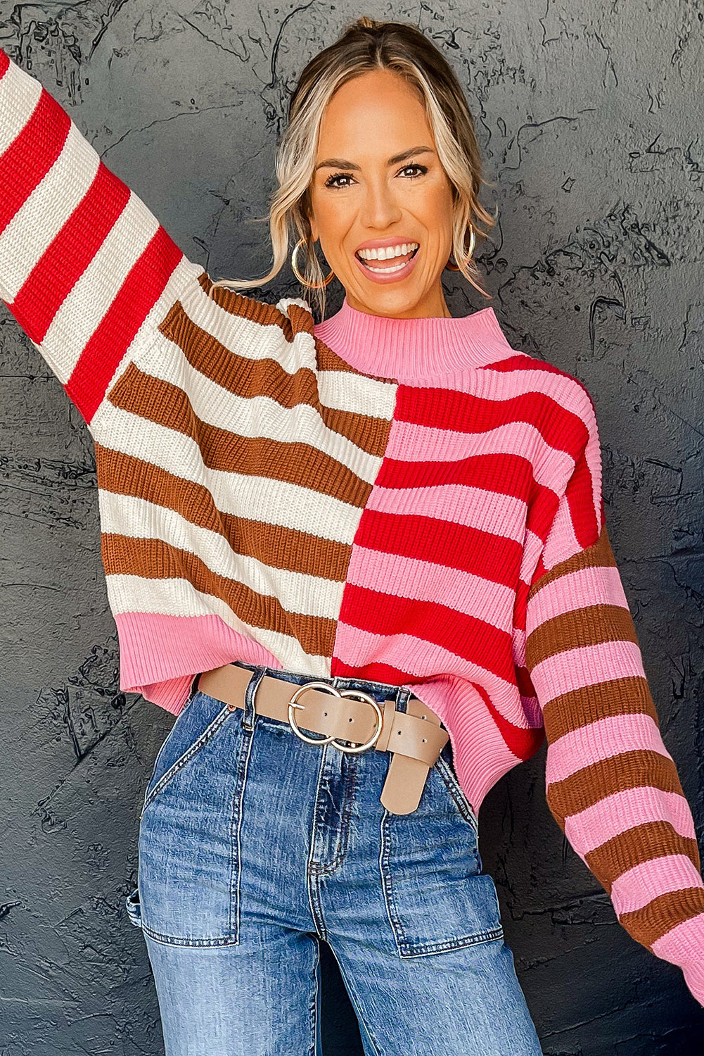 Colour Block High Neck Drop Shoulder Loose Sweater | Pink Stripe