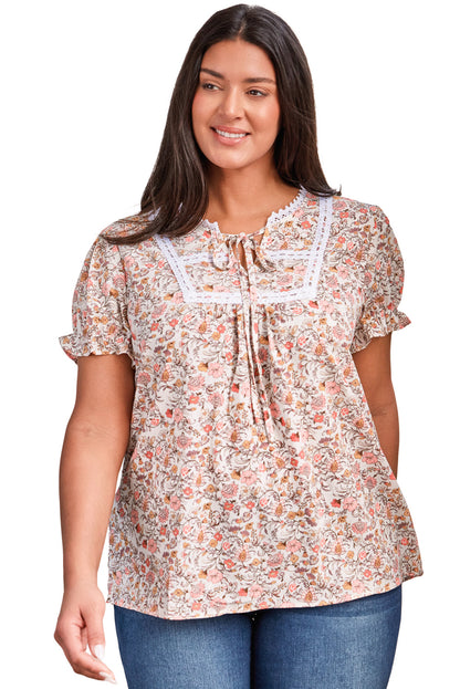 Split Neck Floral Print Plus Size Top | Pink