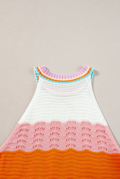 Wavy Striped Print Textured Knit Sleeveless Sweater Top | Multicolour