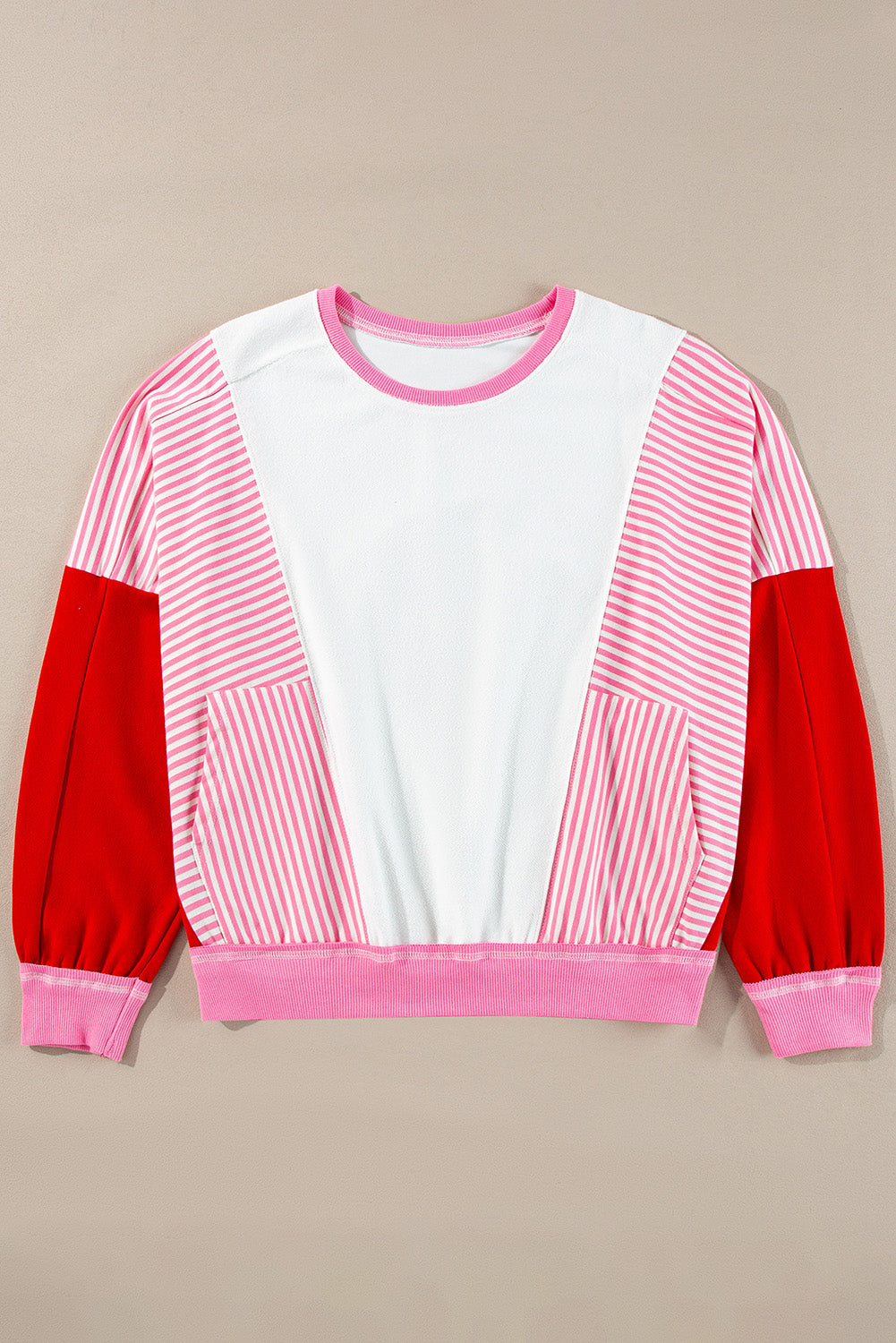 Striped Patchwork Batwing Sleeve Pocketed Sweatshirt | Rose Red