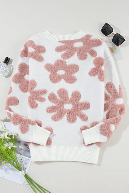 Textured Flower Drop Shoulder Loose Sweater | White