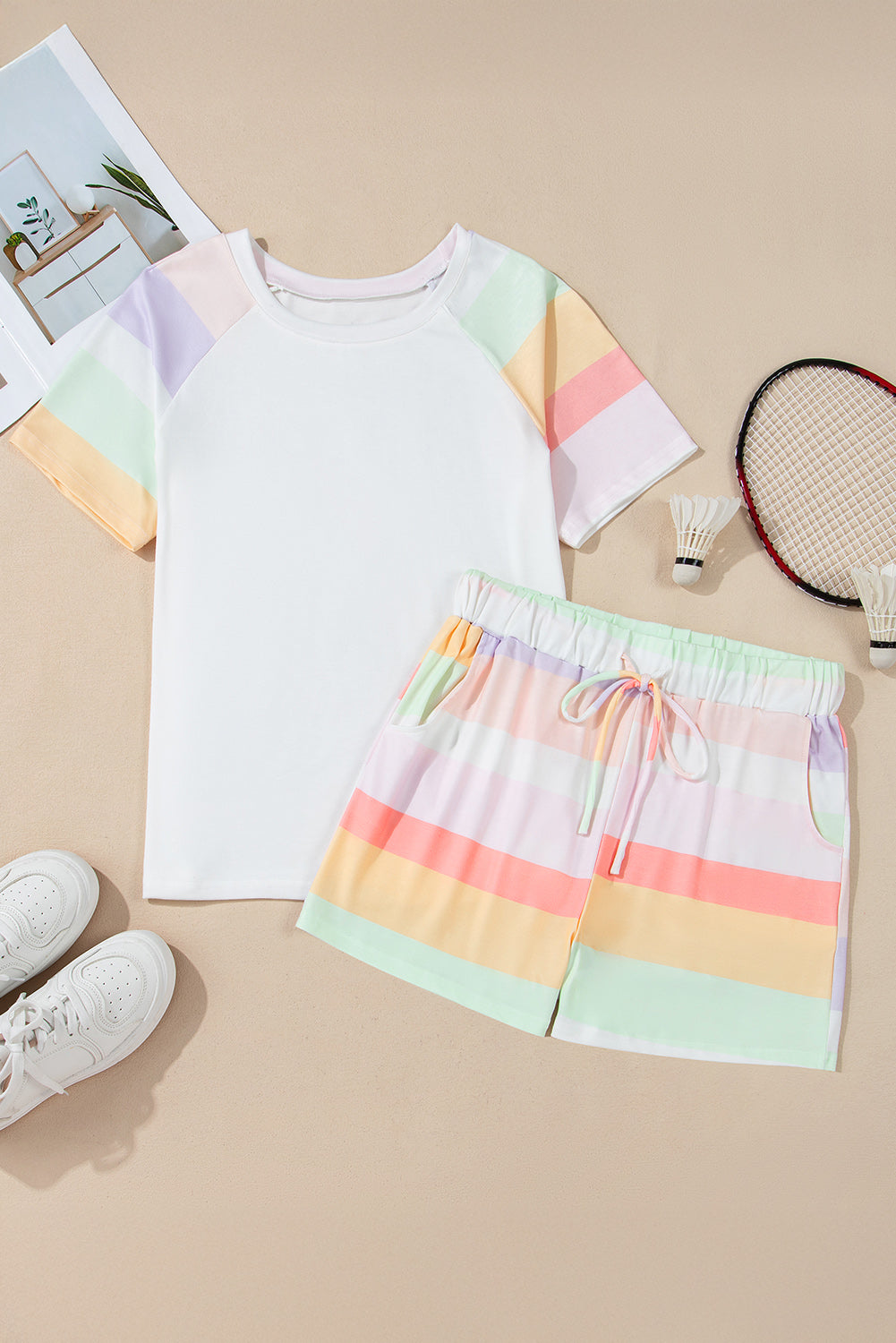 Rainbow Striped T Shirt And Shorts Set | White