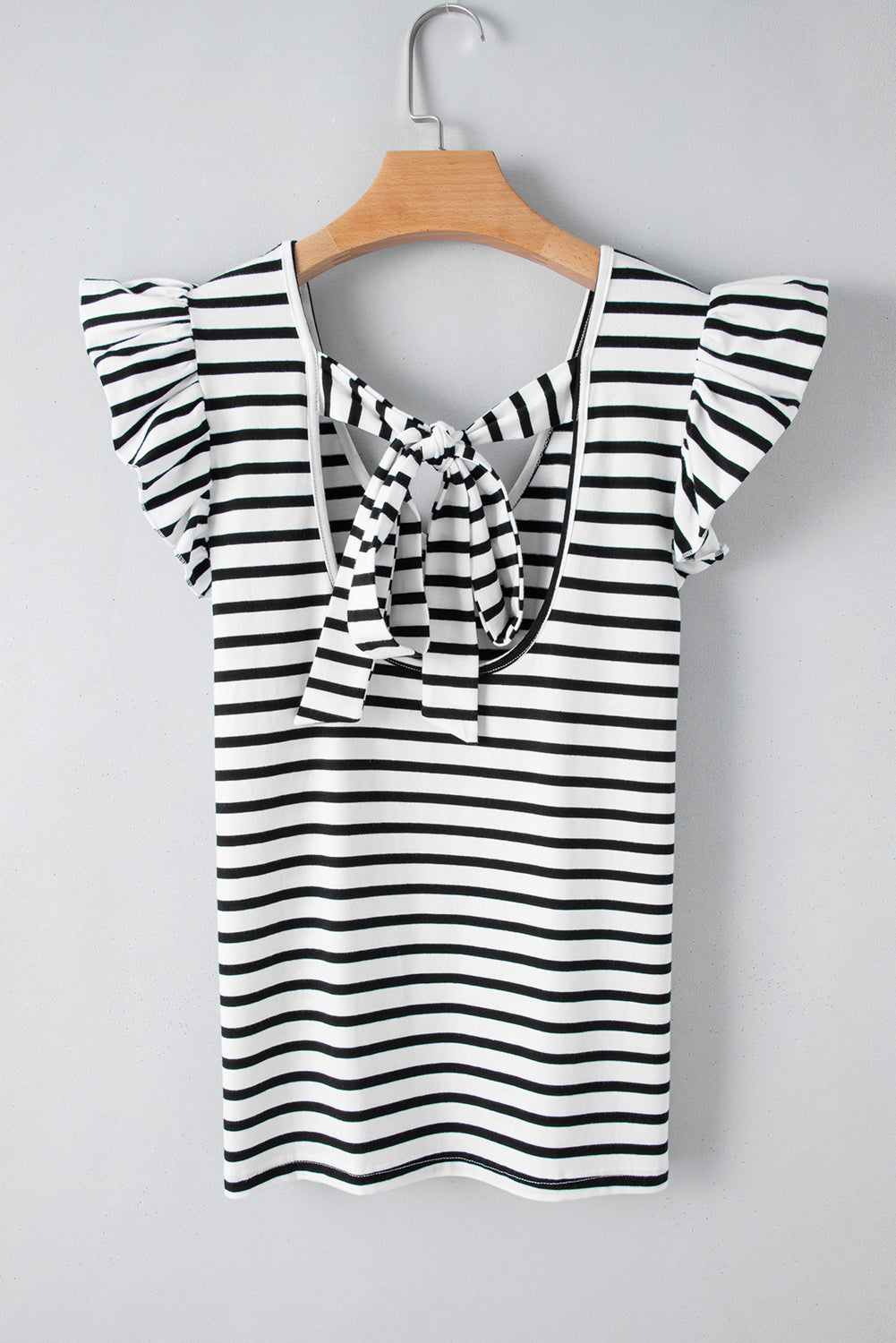 Butterfly Sleeve V Neck Hollowed Knot Back T Shirt | White Stripe