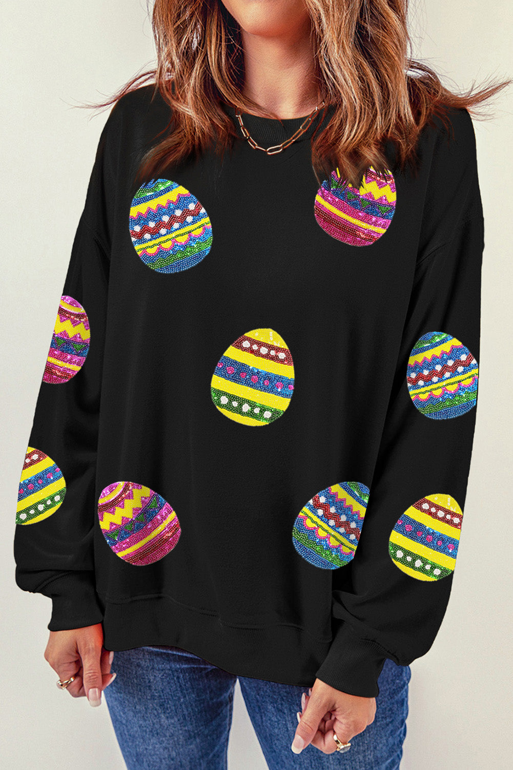 Eater Egg Sequin Patched Crew Neck Sweatshirt | Black