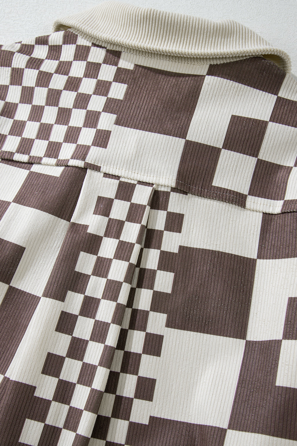 Checkered Print Patchwork Corduroy Shacket | Brown