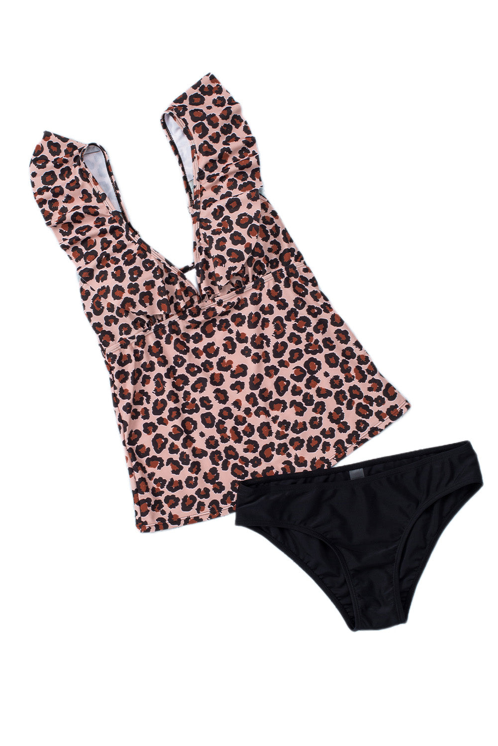 Ruffled Tankini Top And Solid Colour Panty Swimwear | Leopard