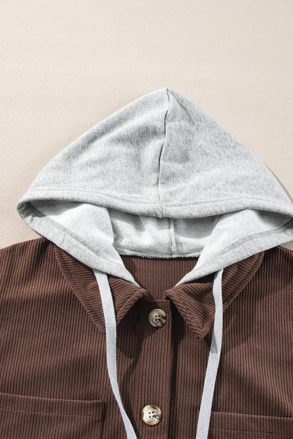 Hooded Drawstring Pockets Corduroy Shacket | Coffee