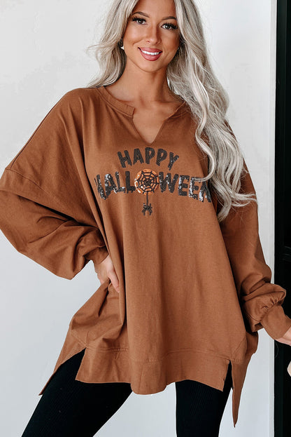 Sequin Happy Halloween Graphic Notched Neck Long Sleeve Loose Top | Chestnut